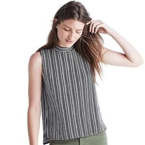 Madewell Tank Top 100% Cotton Textured Striped Sleeveless Mockneck Black White S